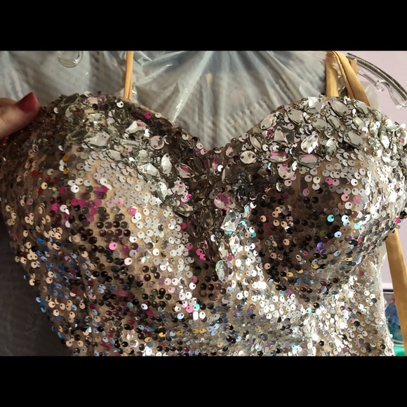 Strapless Gold Mermaid Sequin Prom Dress w/ Corset - Picture 1 of 12